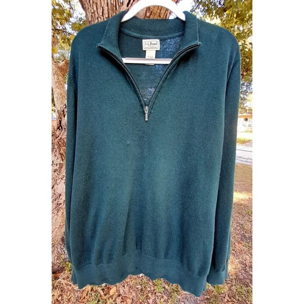 LL Bean Cotton Cashmere Super Soft Lightweight Preppy Sz XL Polo Sweater Green